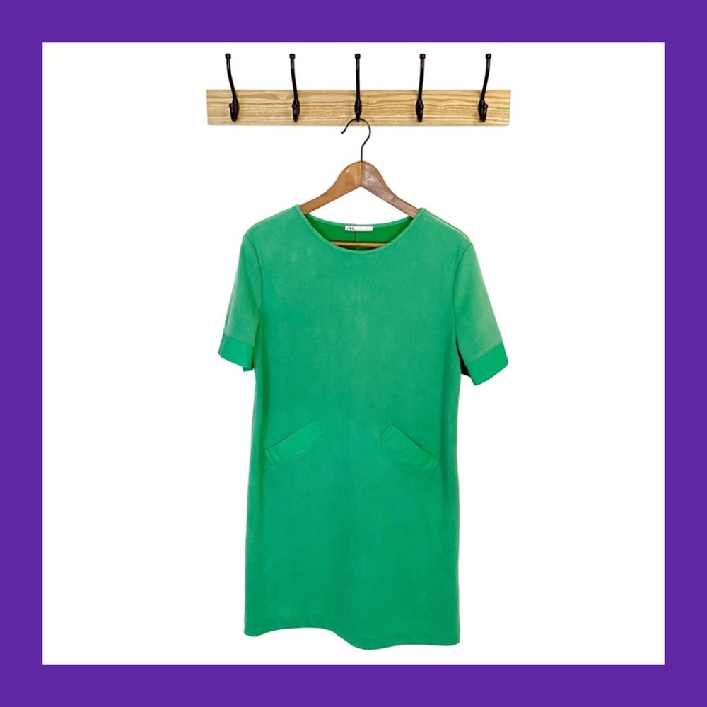ZARA Retro 60’s Green Faux Leather Shift Dress M